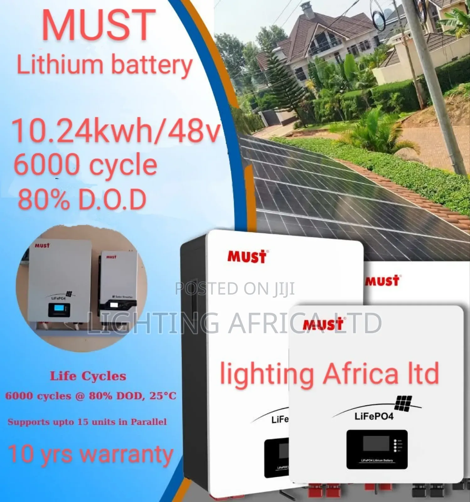 Must 10.24kwh - 48v Lithium Ion Battery(200ah)6000 Cycle 5yrs Warranty