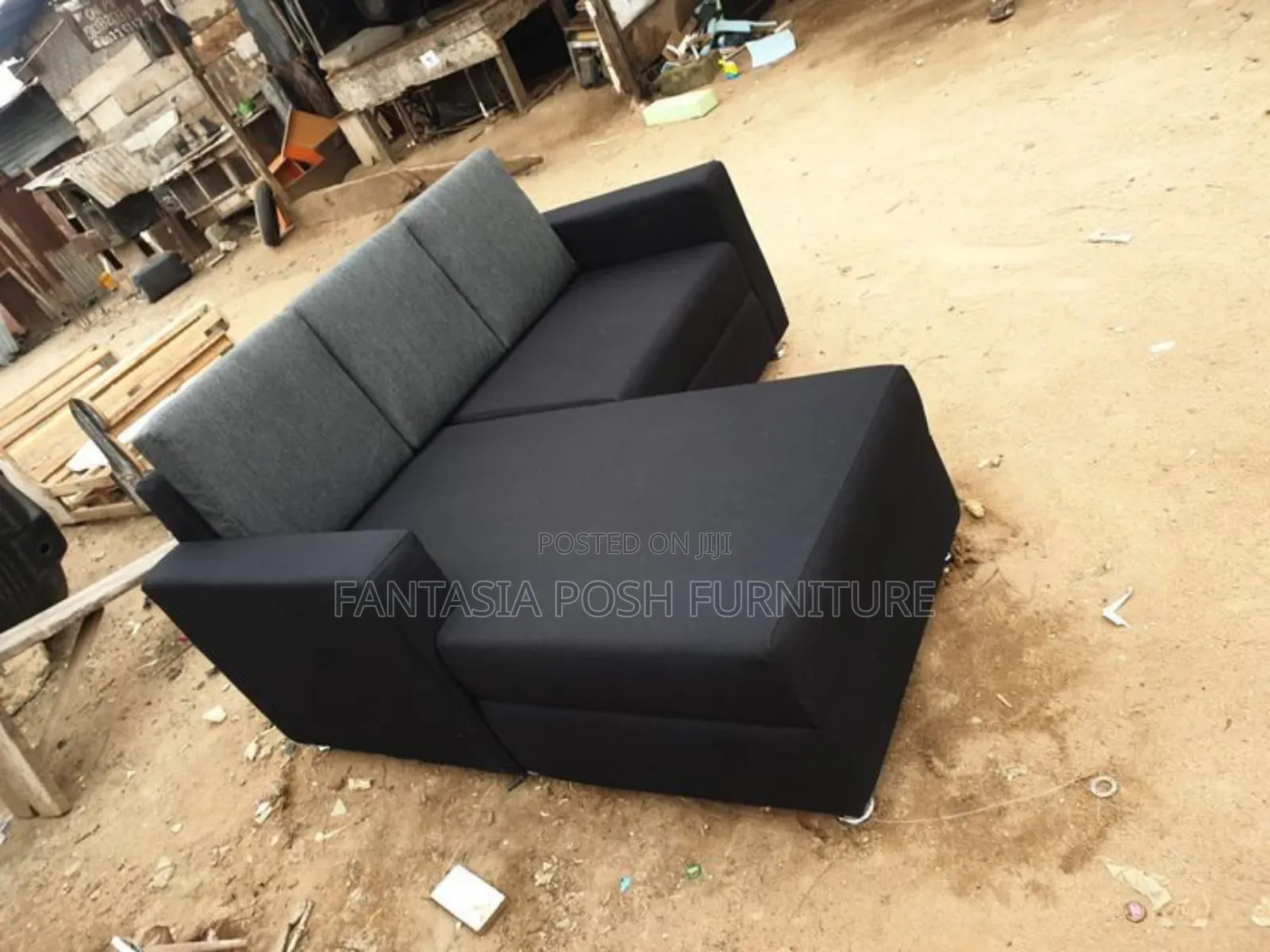 4 Seater Black Grey L-Shaped Sofa - Free Delivery