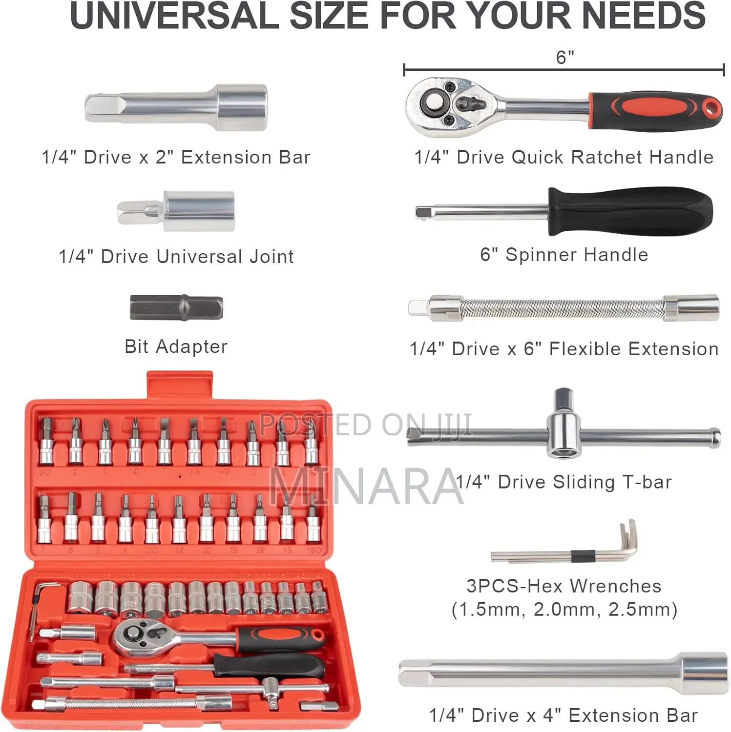 46 Pcs, 1/4" Drive Socket Tool Kit, Ratchet Wrench Set