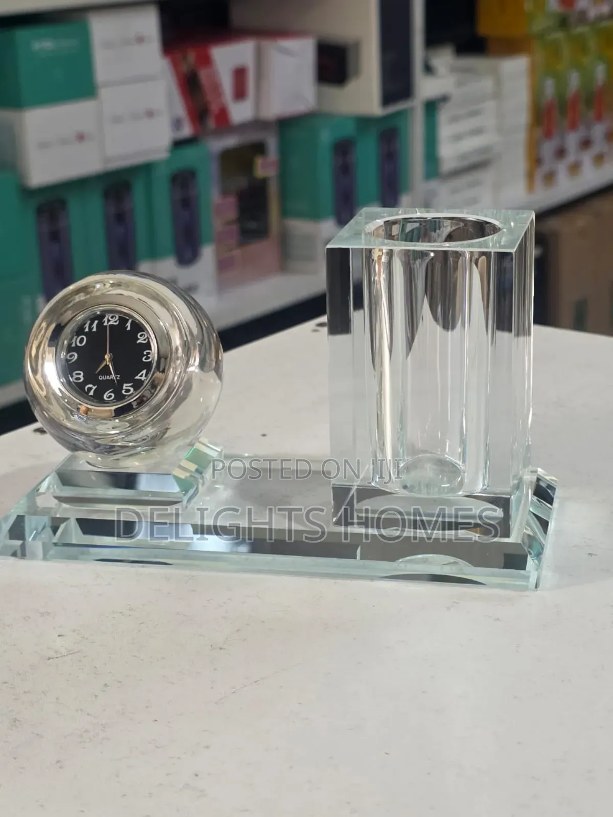 Crystal Glass Desktop Clock Pen Holder Set-Tt