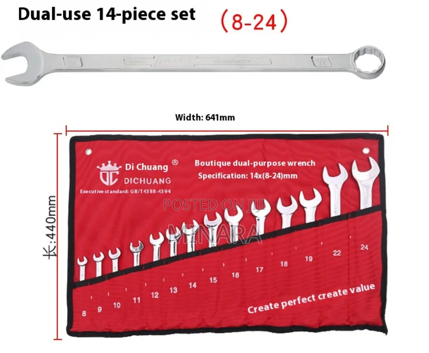 14 Pcs, Combination Spanners, (8-24mm), Open / Ring Wrench