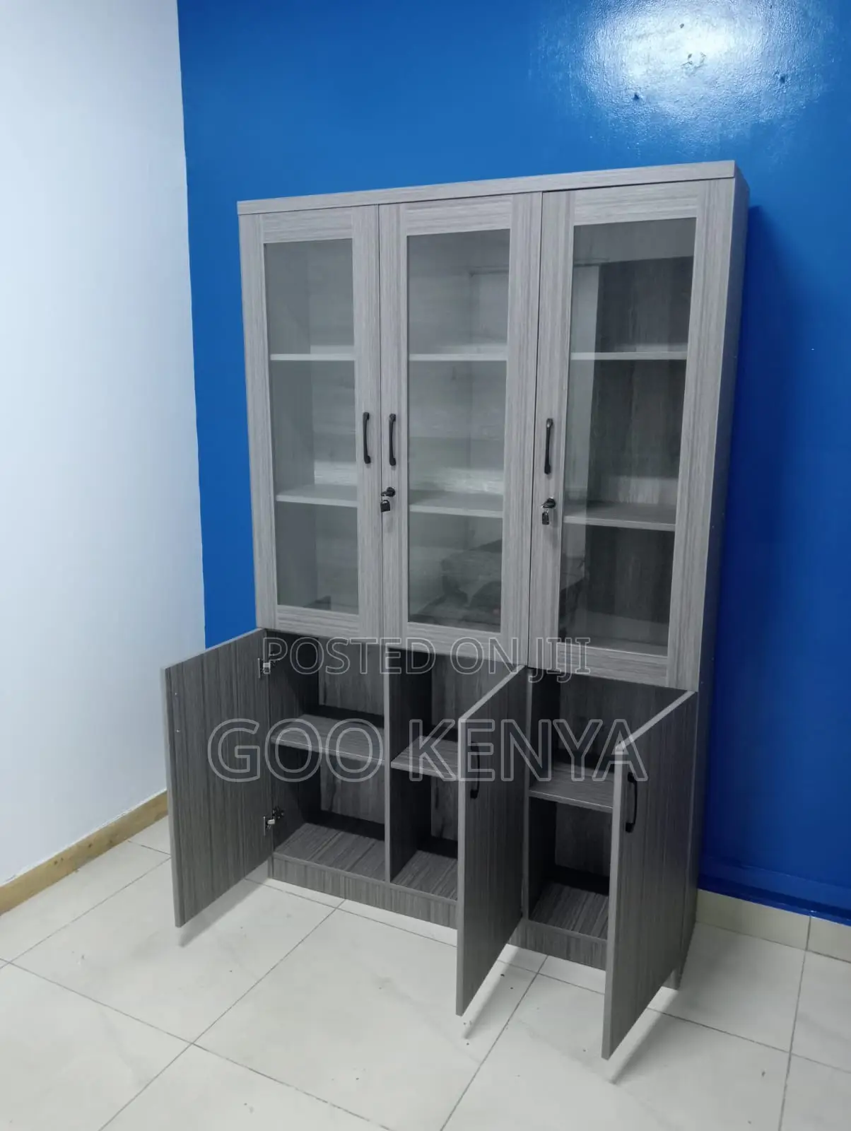 Office Cabinet ; 3-Door Grey Wooden Filing Cabinet