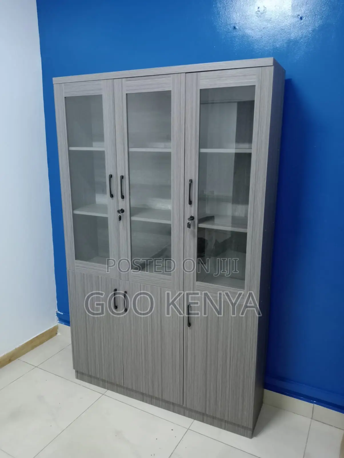 Office Cabinet ; 3-Door Grey Wooden Filing Cabinet