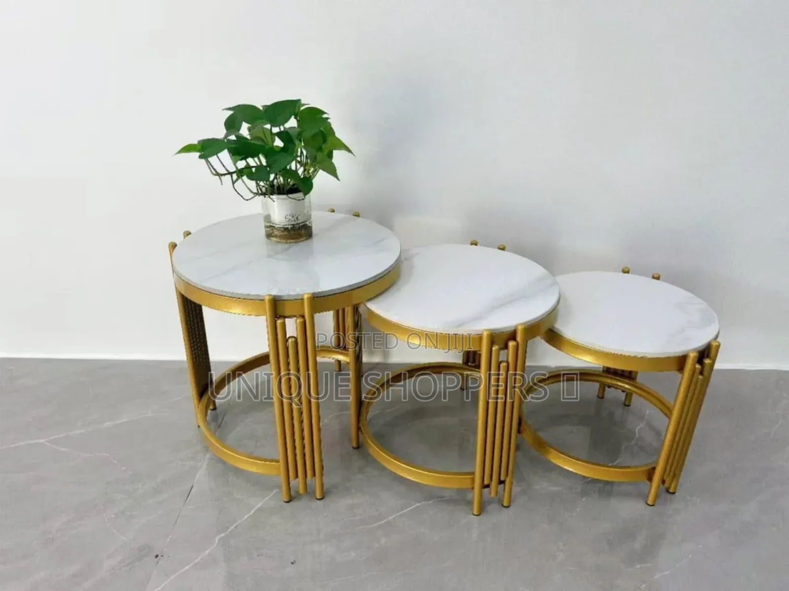 3pc Round Marble Nesting Tables in Golden Stands