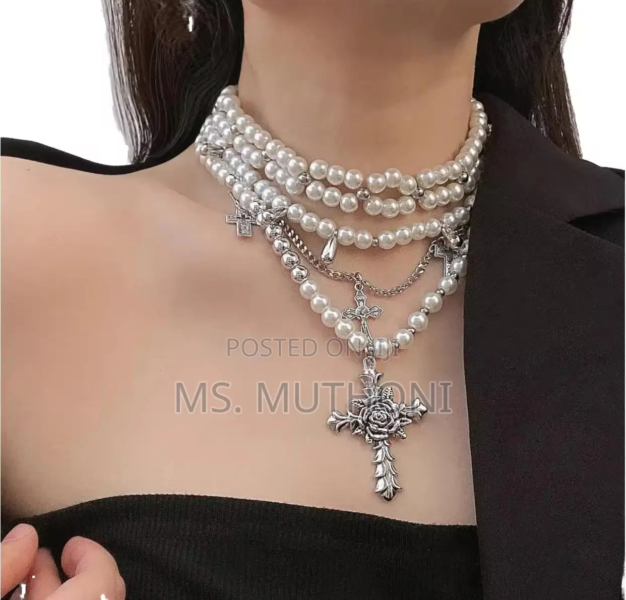Ladies White Cross Pendants Multilayed Pearl Necklace