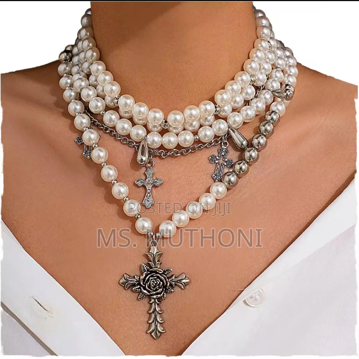 Ladies White Cross Pendants Multilayed Pearl Necklace