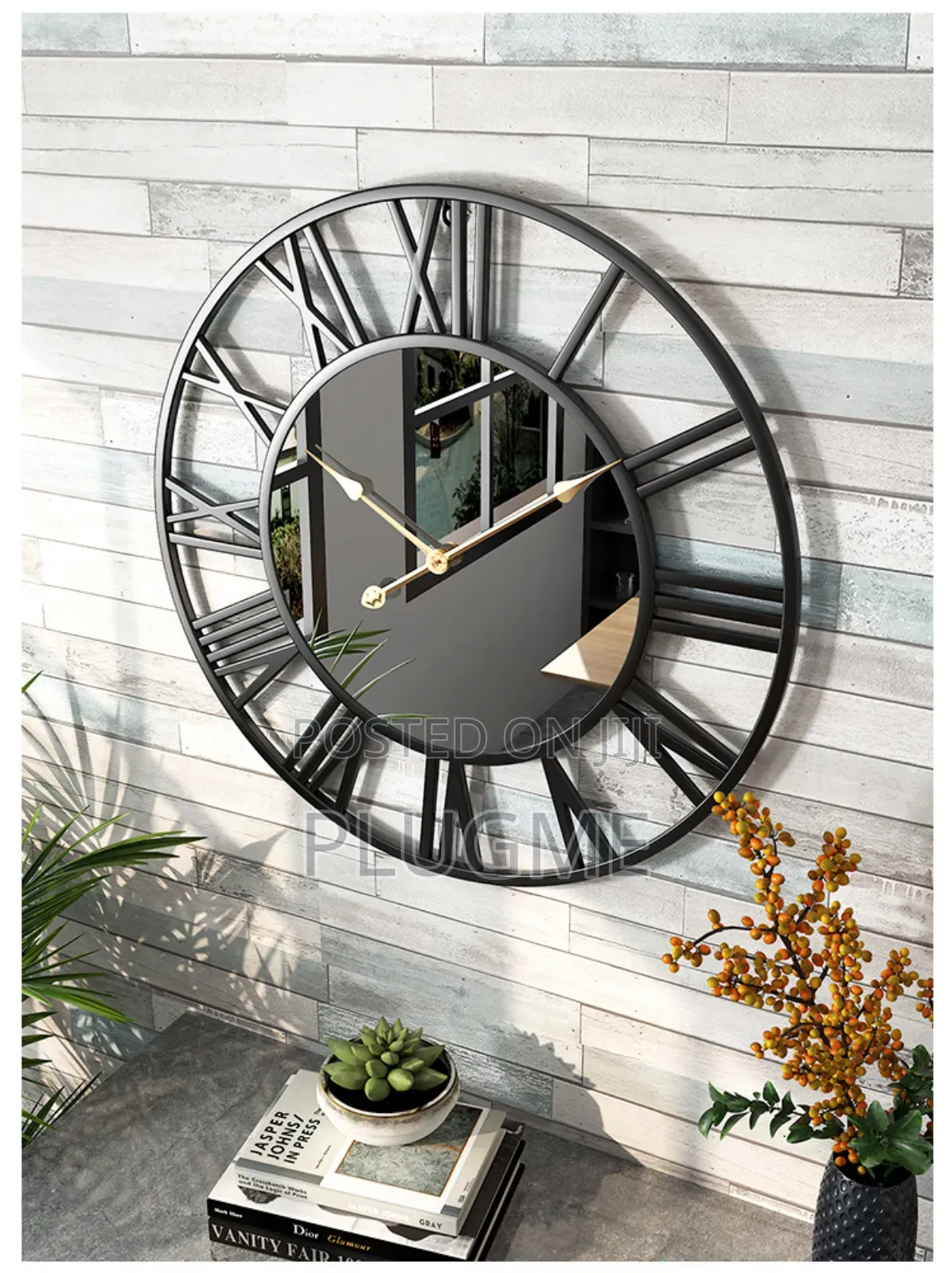 Black Roman Wall Metal Clock With Mirror