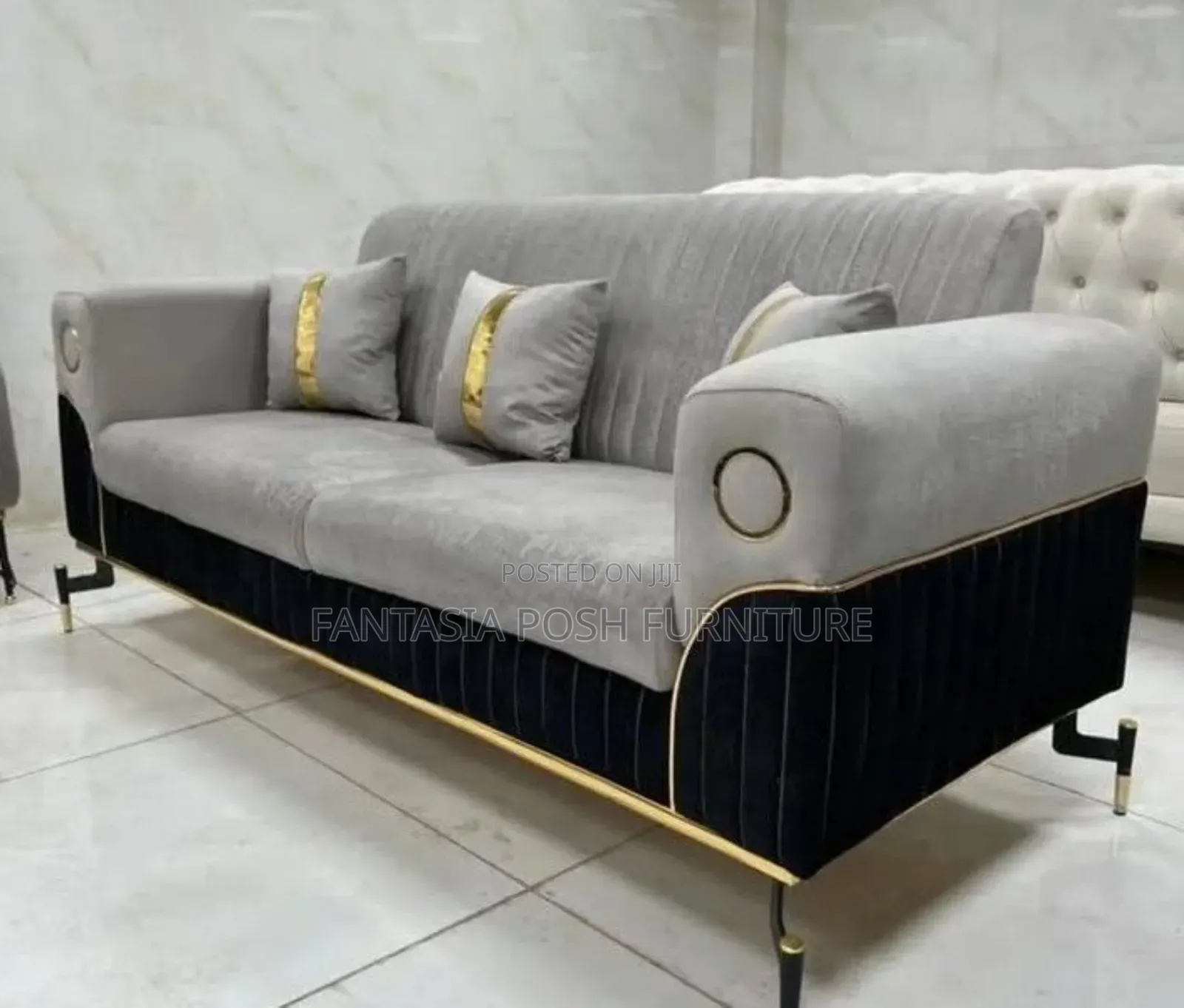 3 Seater Grey and Black Sofa With Gold Accents - New Stock
