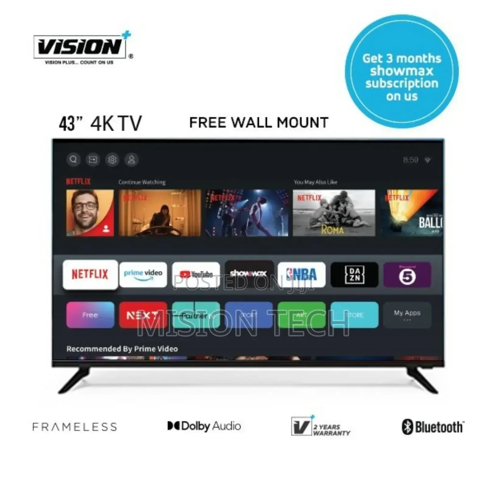 Vision Plus 43′′ Smart Android FHD 1080p Tv + Free Wall Bracket