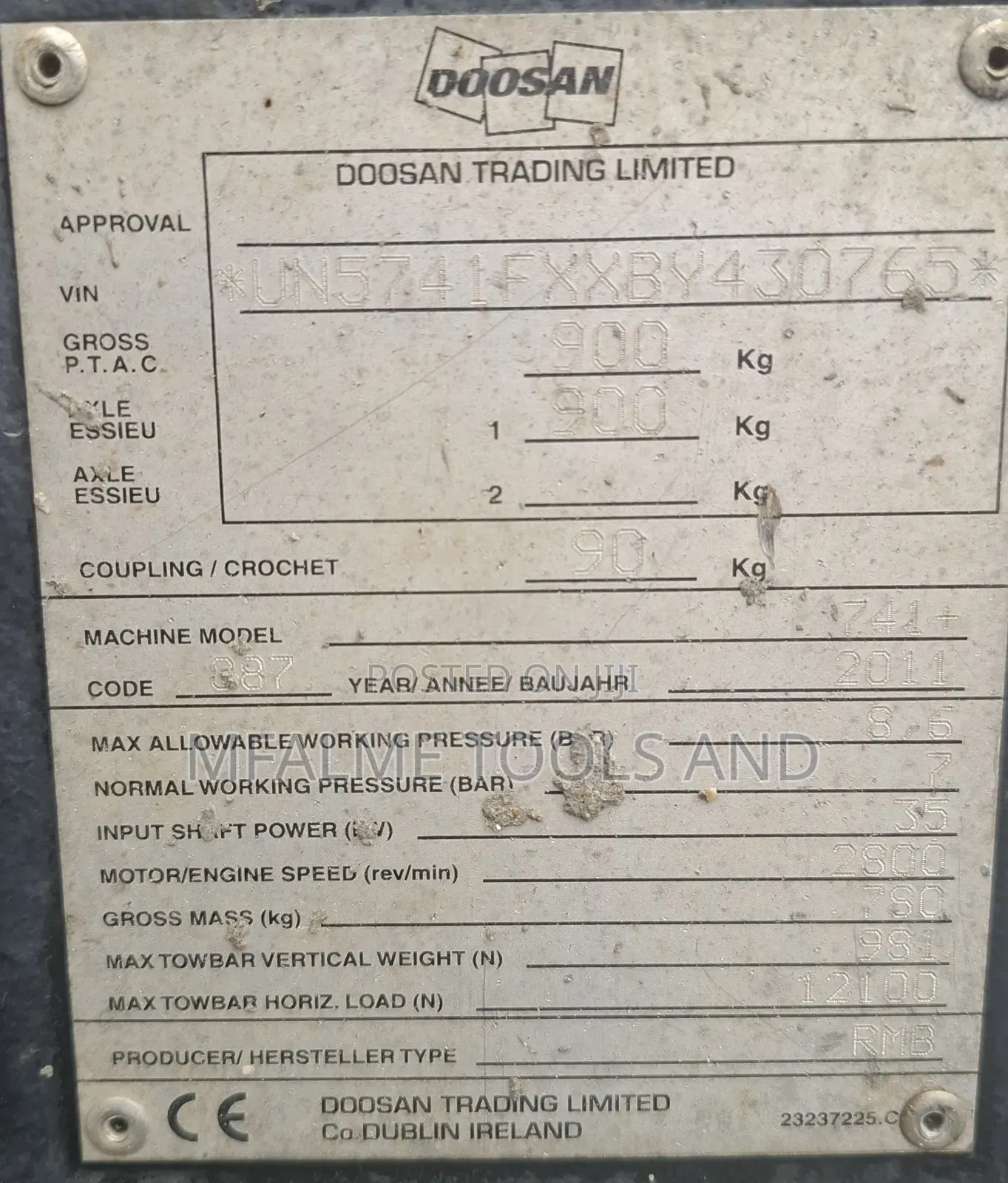 Compressor 2011 Doosan 741+ Yanmar 4 Cyl Diesel 140cfm Ex-Uk