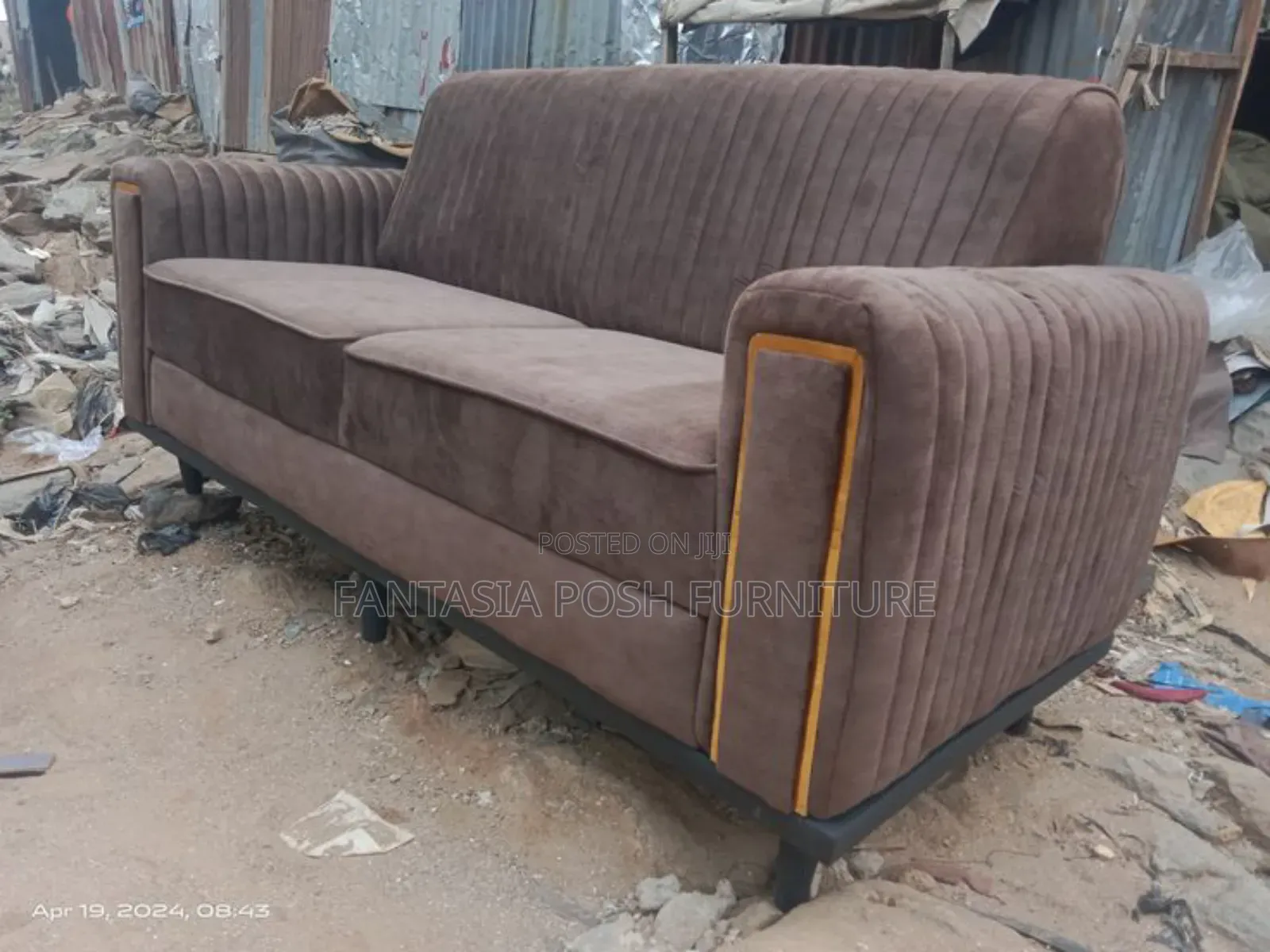 3-Seater Brown Sofa With Yellow Trim
