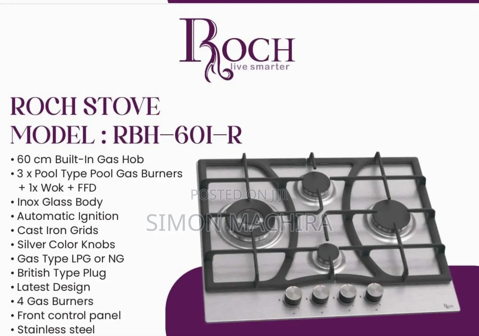 Roch Built in 60cm Hob With Flame Failure Safety(Silver)