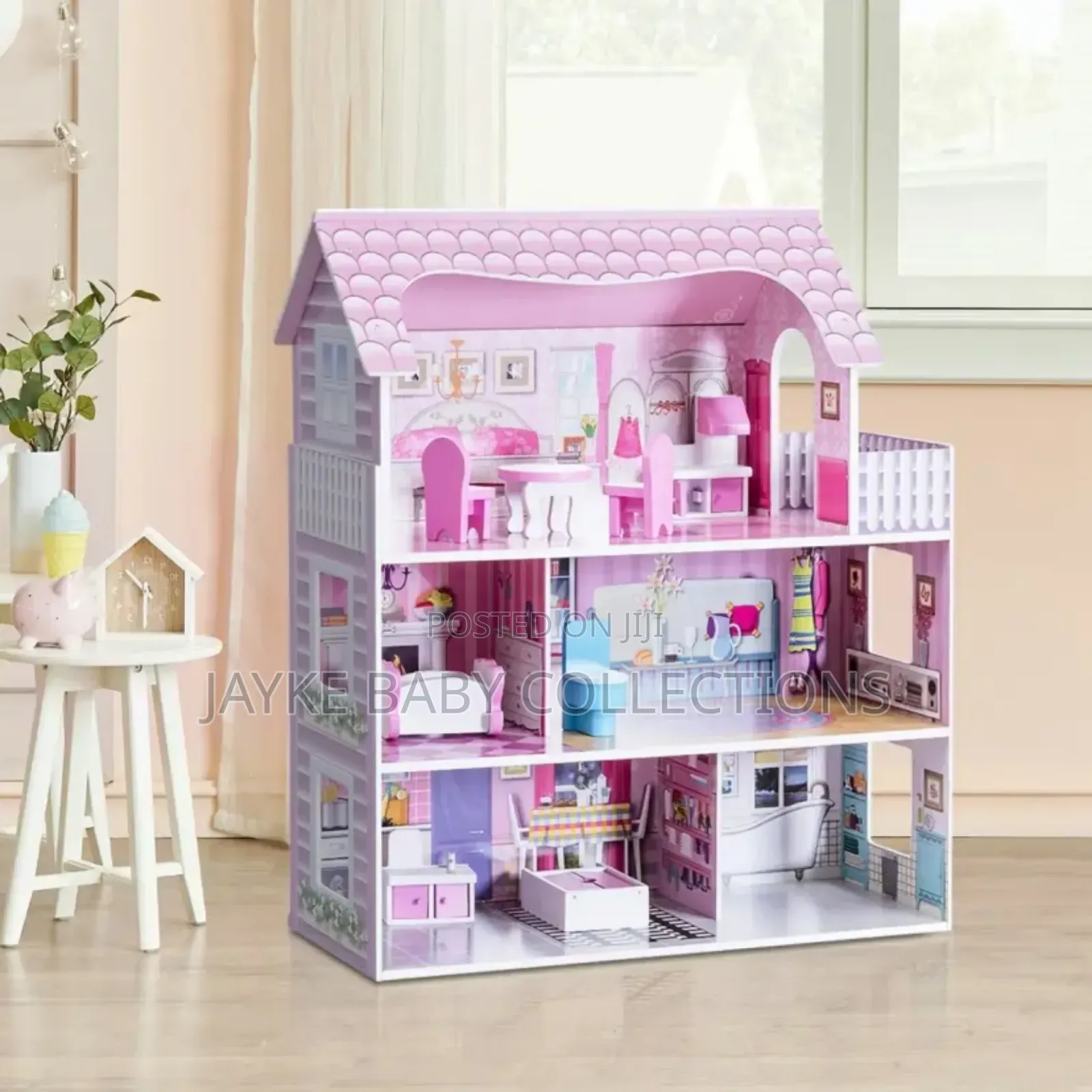 3-Tier Wooden Dollhouse Playset With Furniture