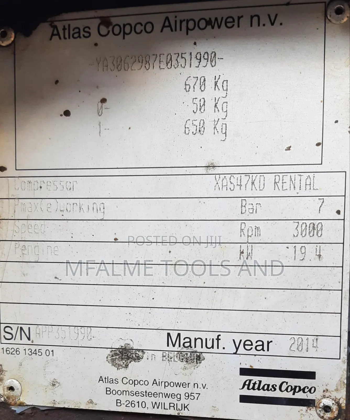 Compressor 2014 Atlas Copco Xas47kd 3cyl Kubota Engine 7bars Min Ex-uk