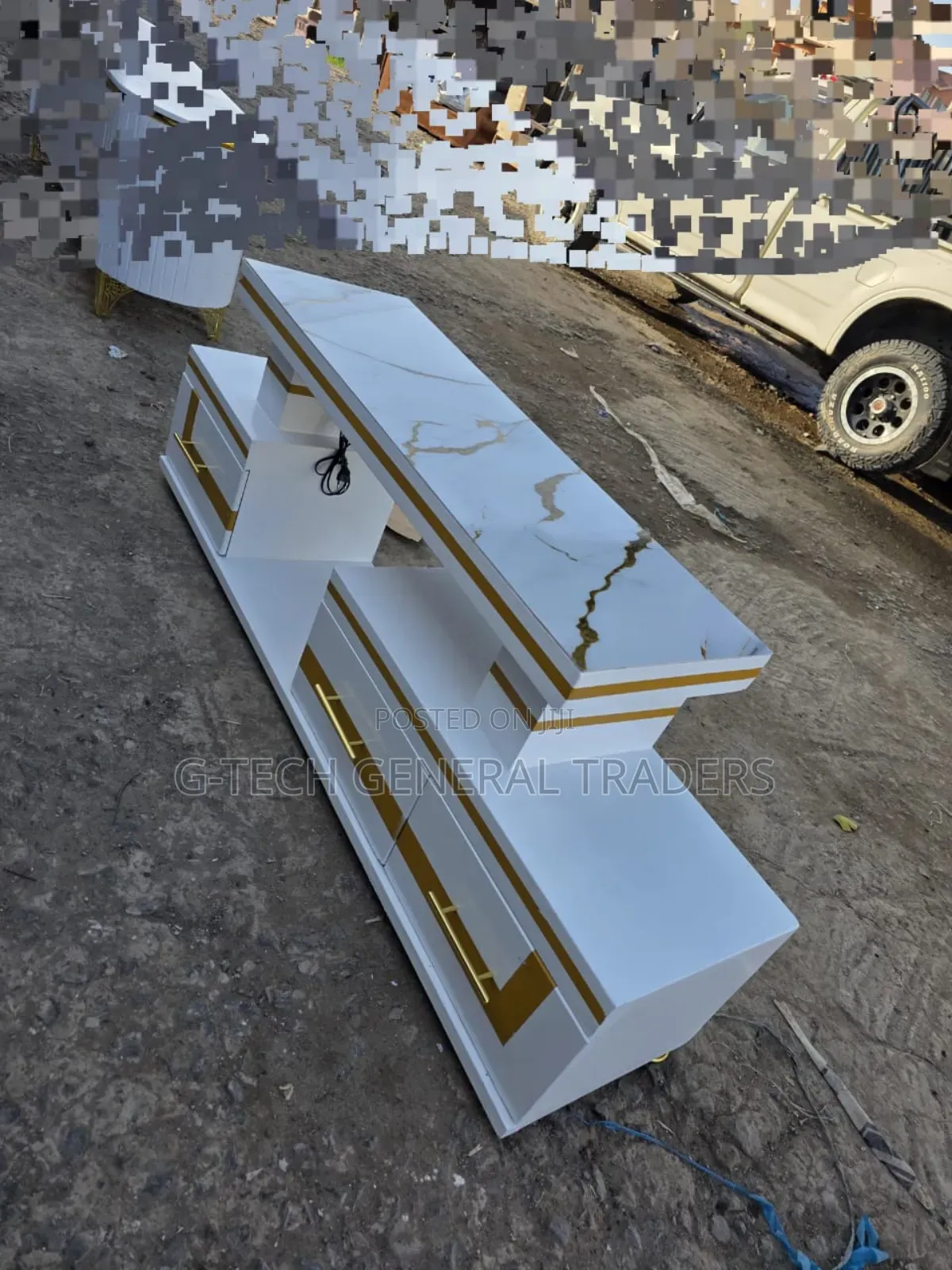 Executive 5 Feet White Tv Stand With Marble Topping