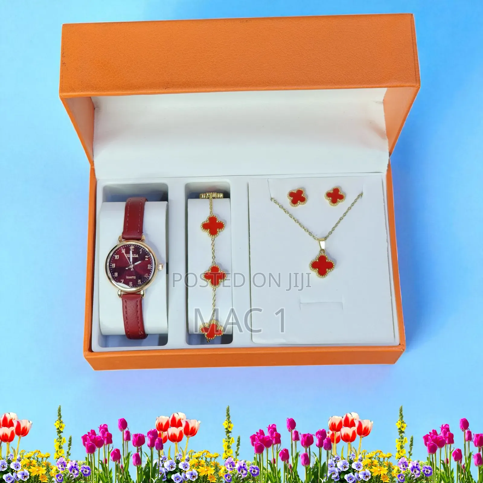 Red 5 PCS Ladies Gift Set Female Watch Bracelet Necklace Earing Gift