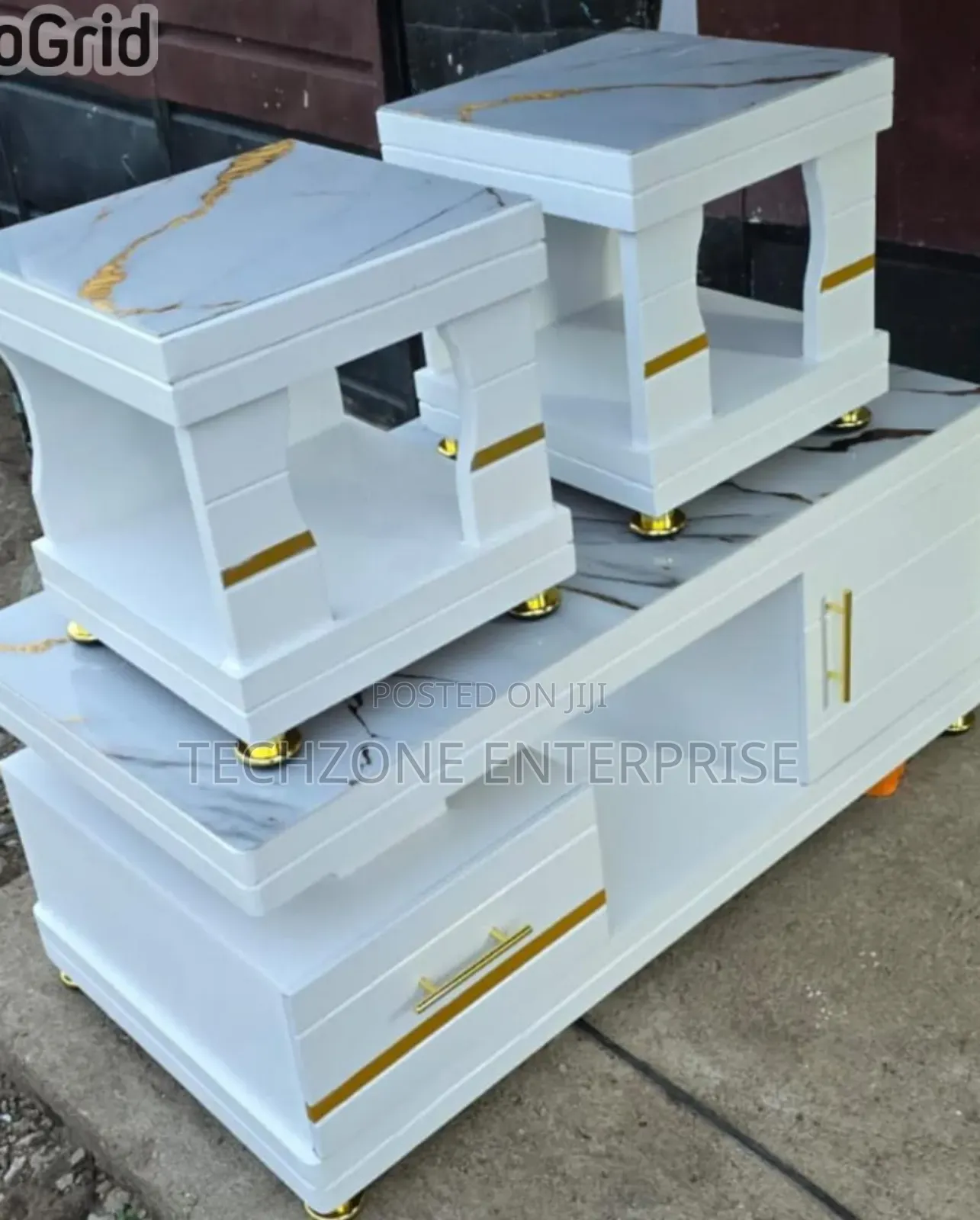 Coffee Table With Glass/Marble Topping With 2 Stools 