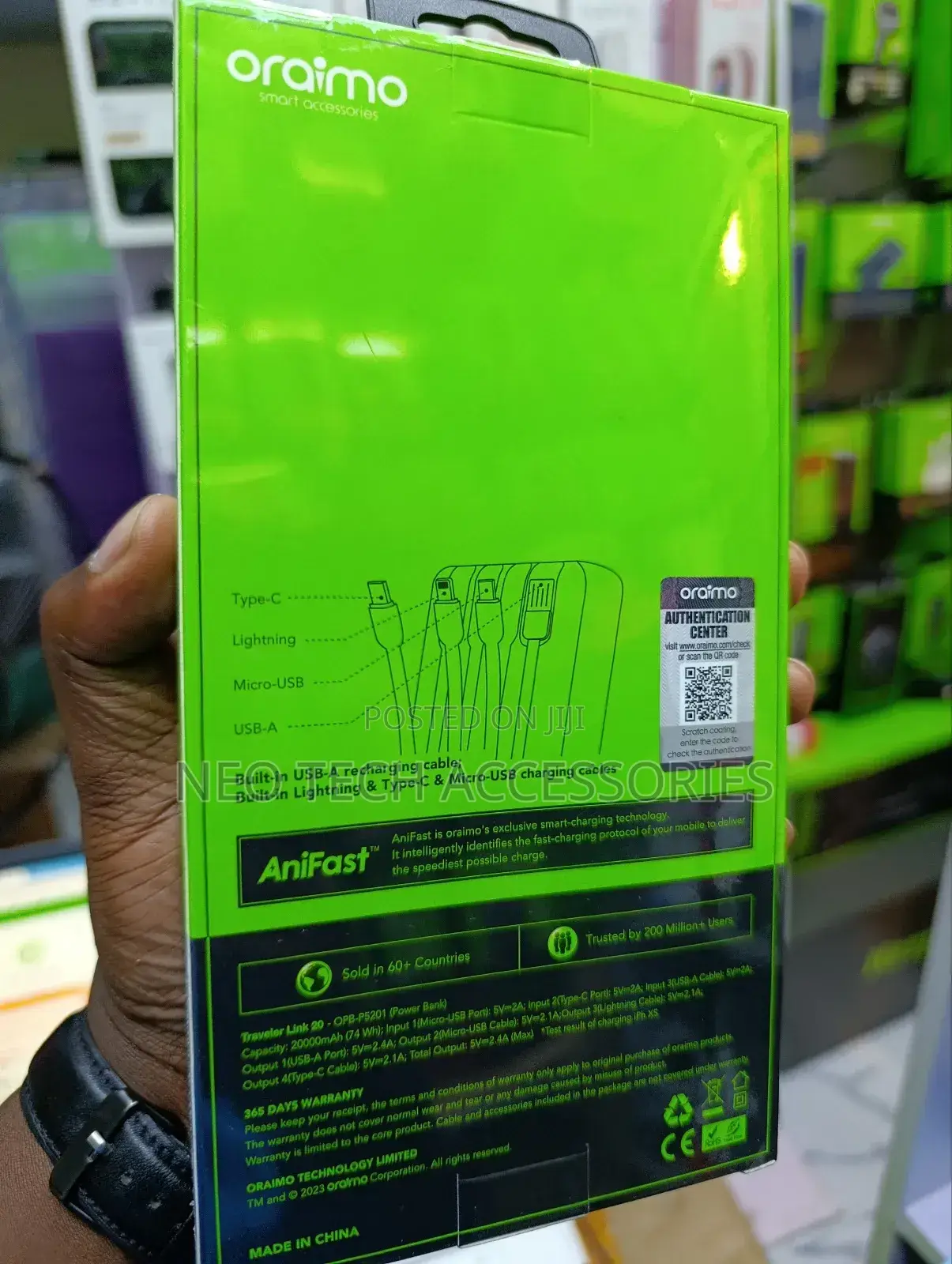 Oraimo Traveler Link 20 Powerbank. 20000 Mah, 12w With Cables
