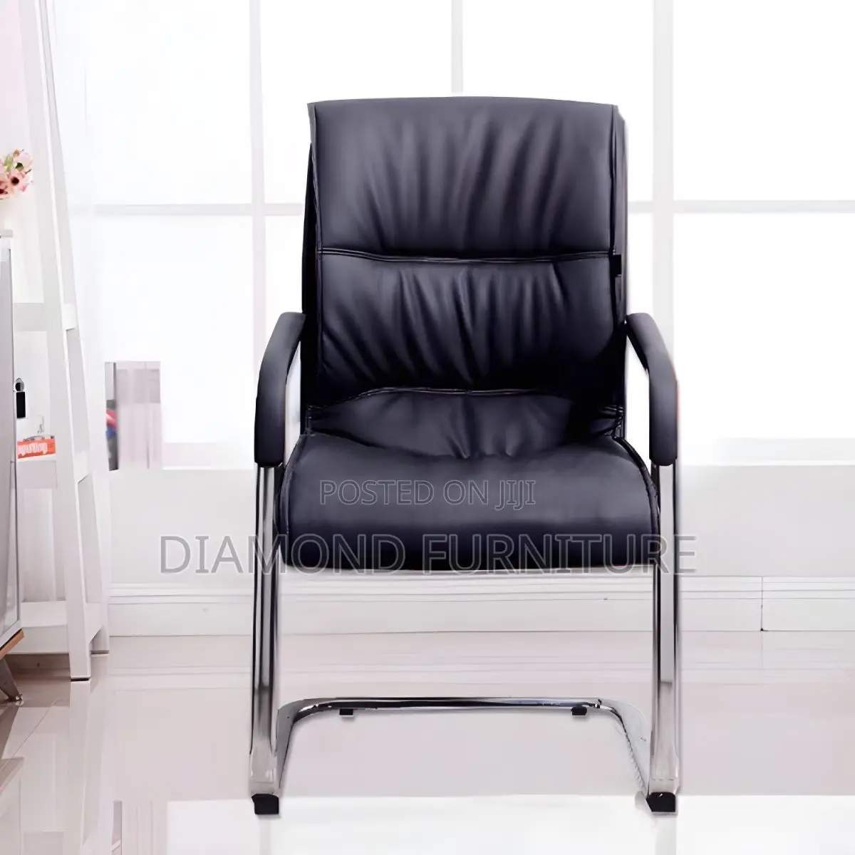 Office Chair; Black Leather Office Chair With Stitch Detailing
