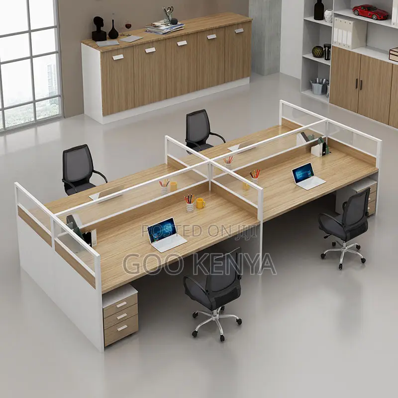 Office Work Station; Collaborative 4-Seat Wooden Office Cubicle Desk