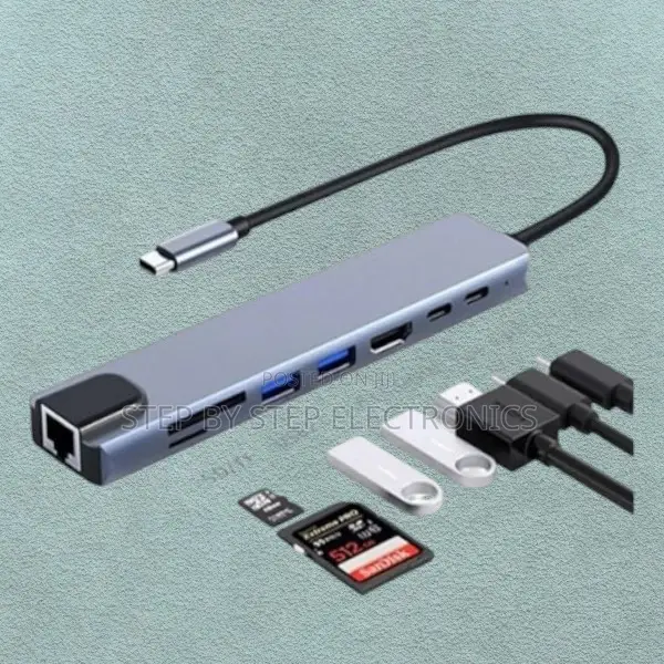 Slim Type-C 8-in-1 Hub – Hdmi, Rj45 Ethernet, Usb 3.0 Pd Charging