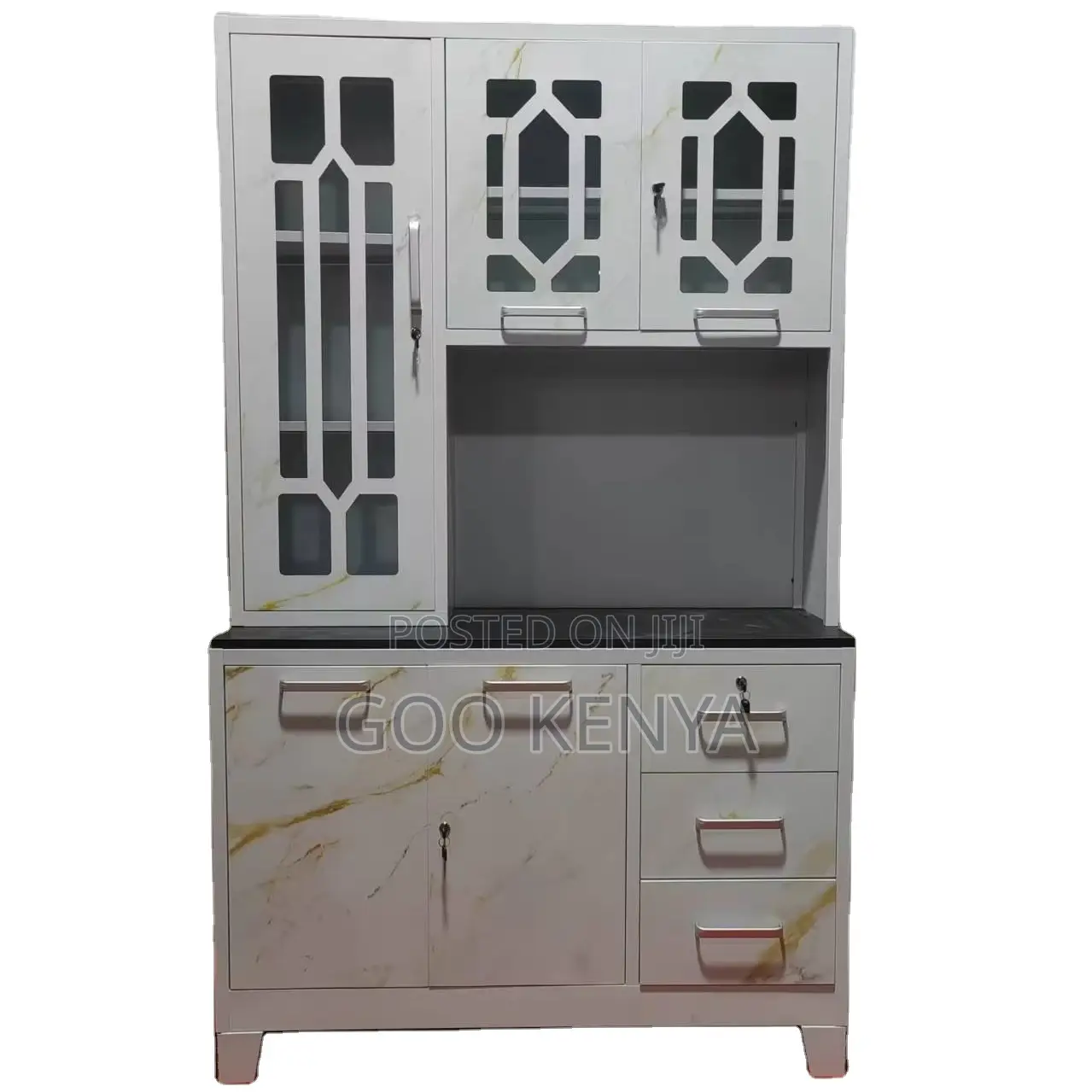 Kitchen Cupboard; Metal And Glass Kitchen Cupboard With Shelves