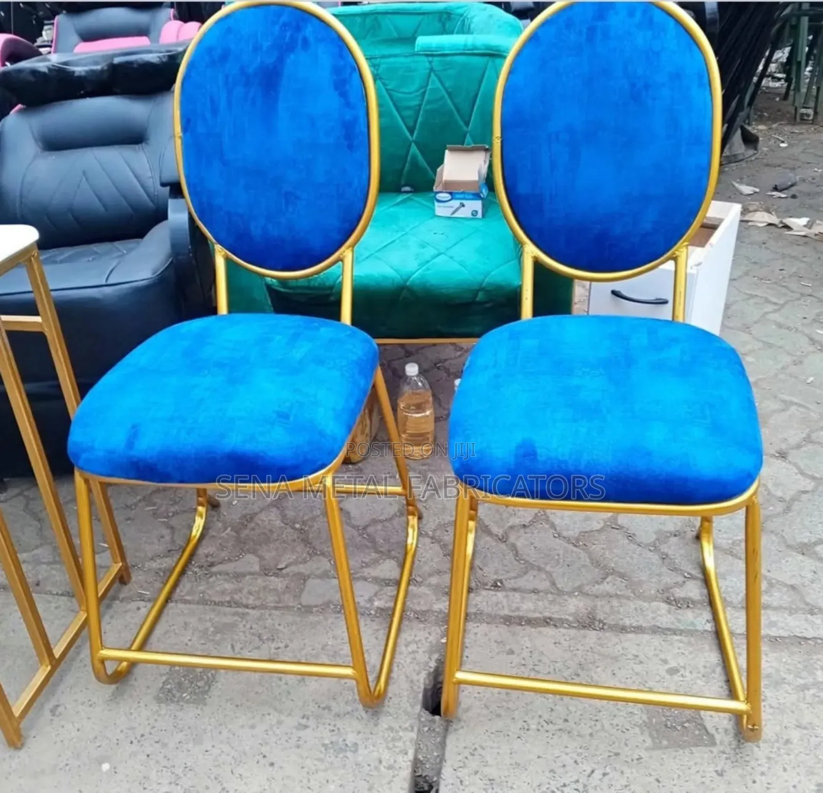 Manicure Chairs With Blue Velvet Upholstery, Gold Metal Frame.