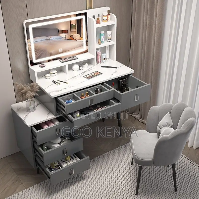 Dresser; Modern Dressing Table With Storage and Comfortable Stool