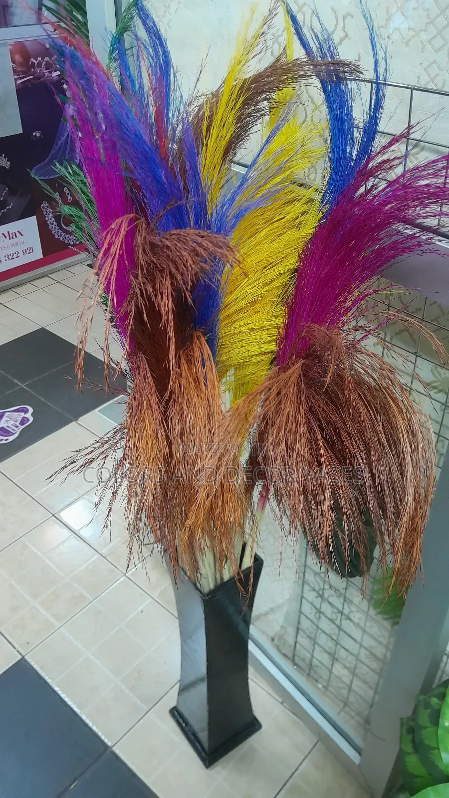 Black Wooden Vase and Colorful Pampas