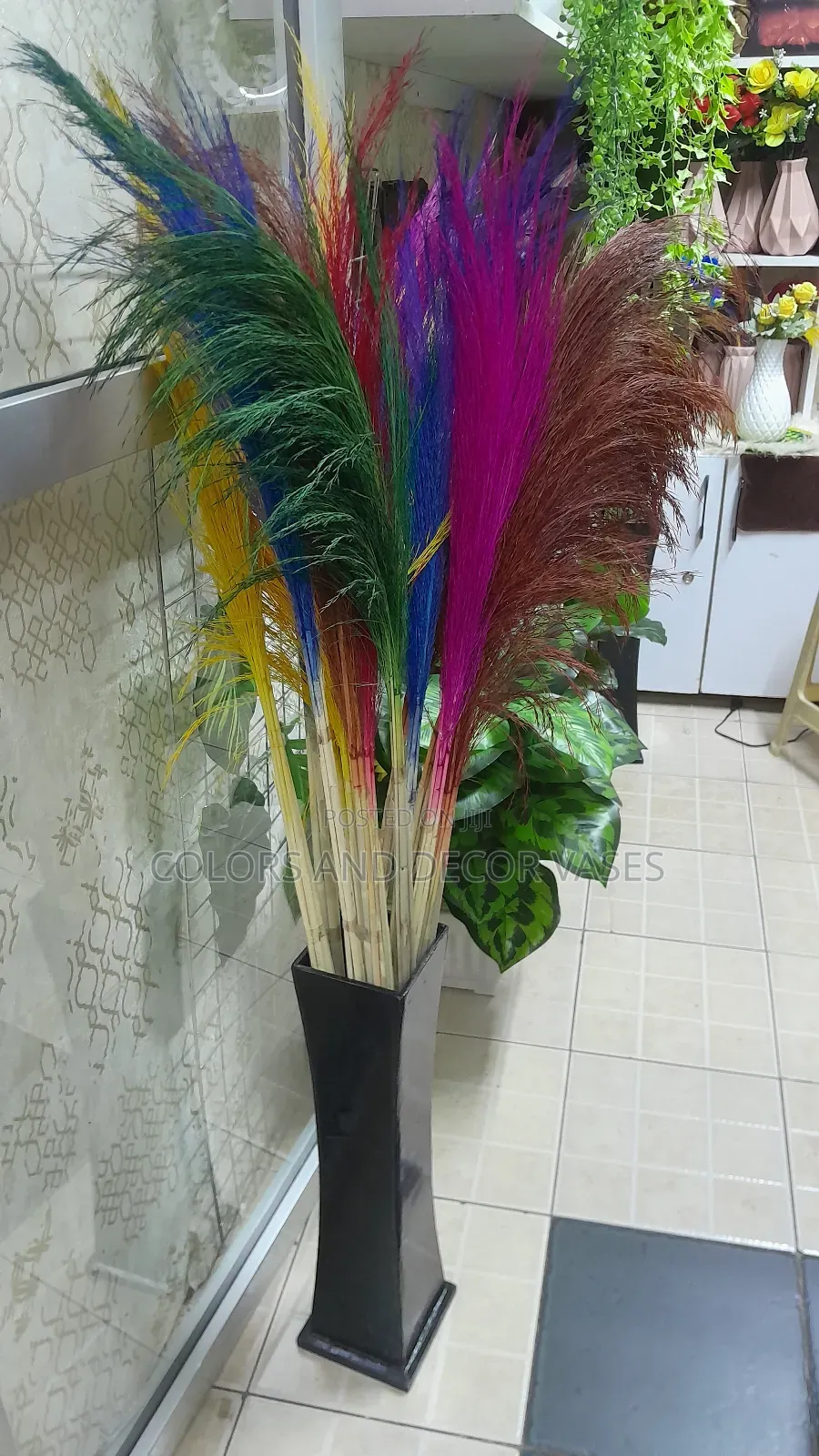 Black Wooden Vase and Colorful Pampas