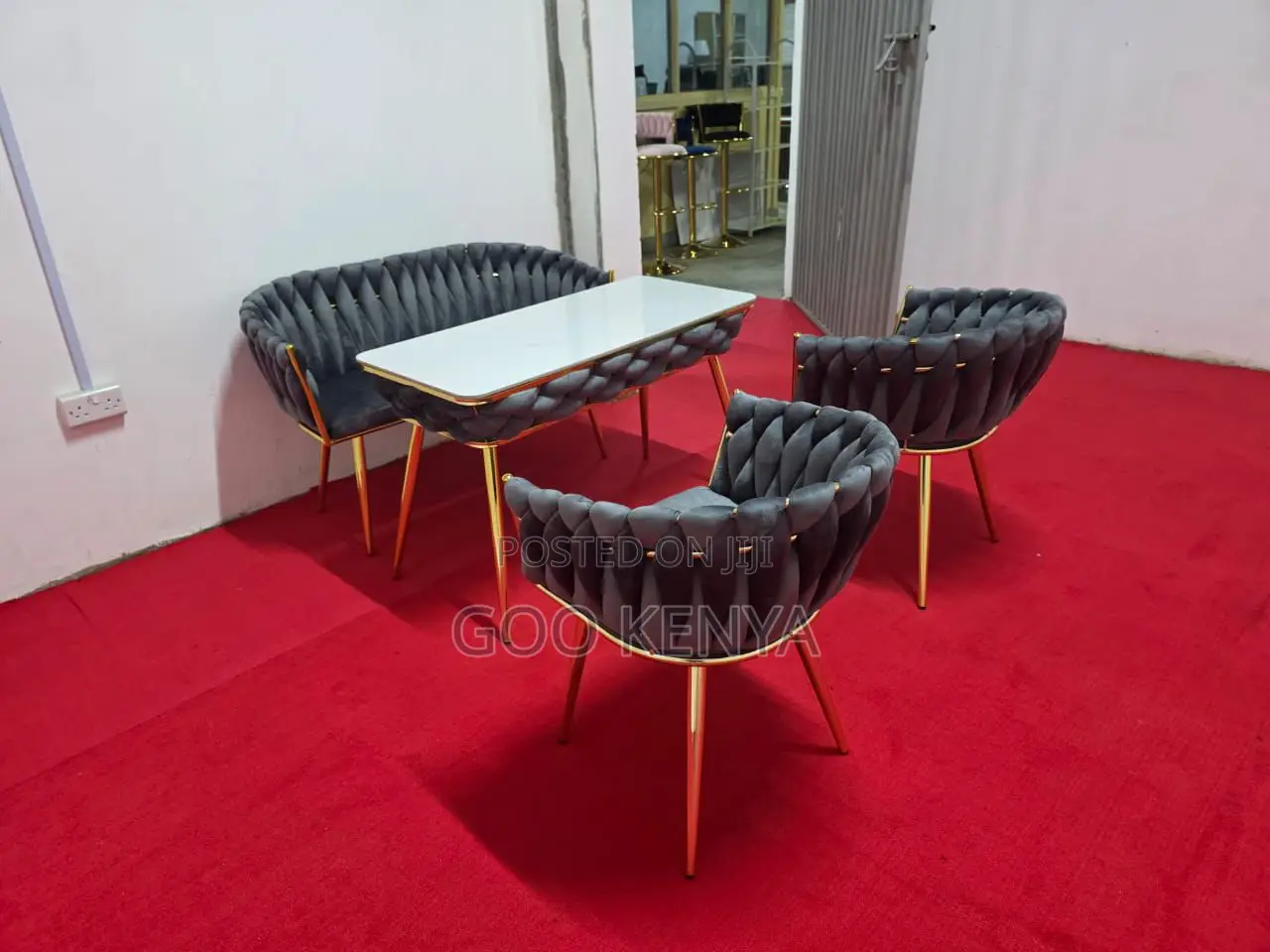 Dining Set; 4-Seater Fabric Chairs and Marble Table Gray Dining Set