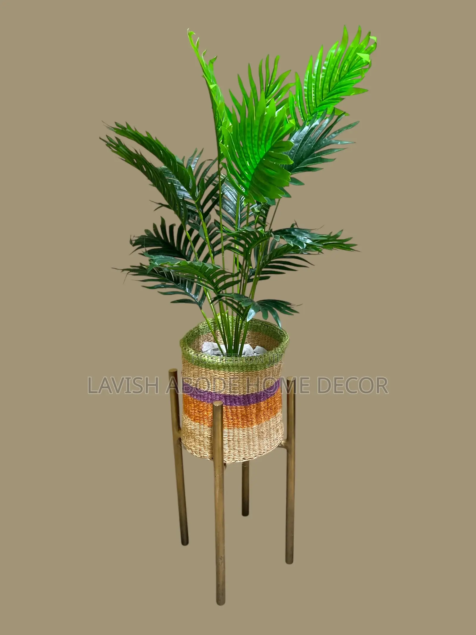 Artificial Plant in a African Kiondo Basket and Metallic Stand