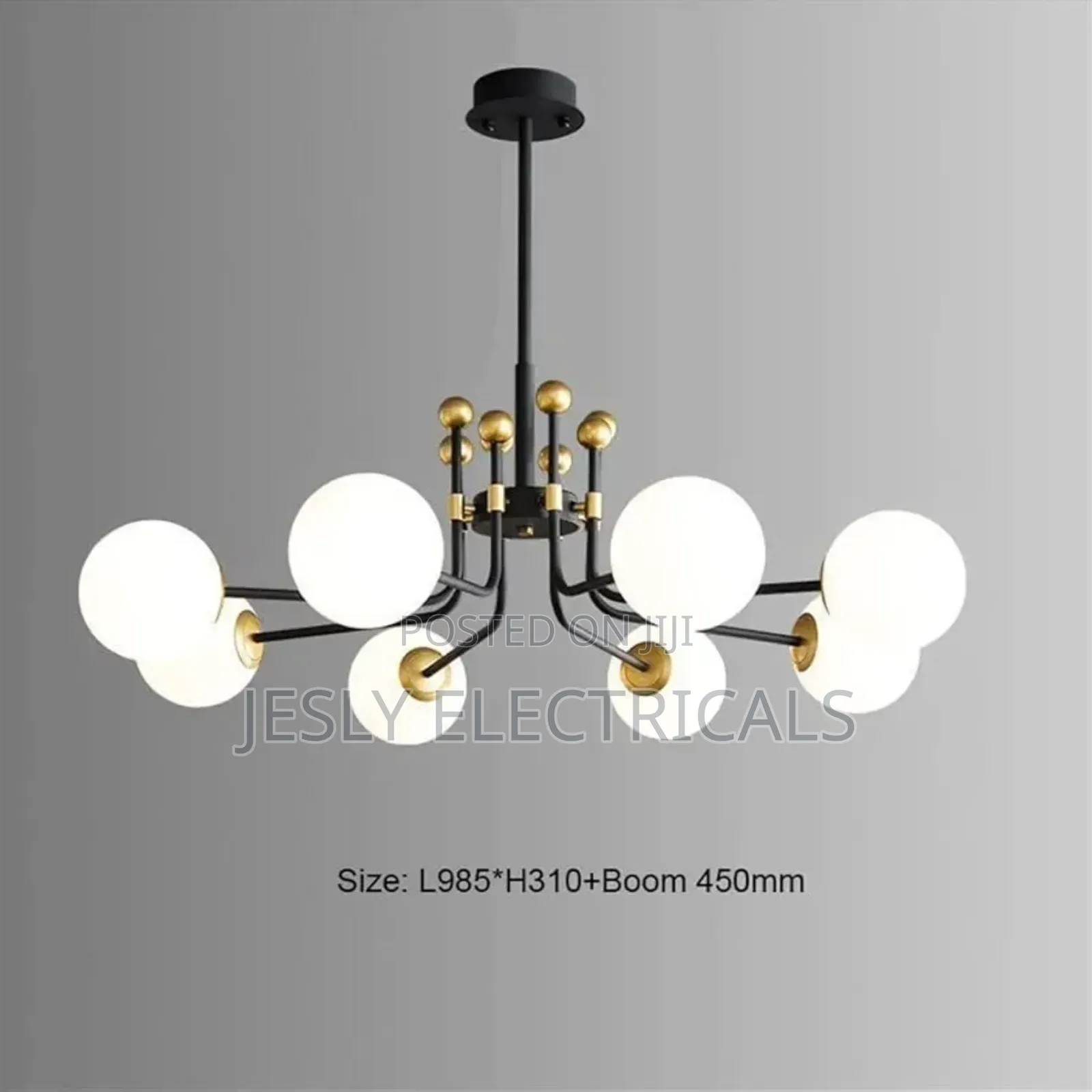 Modern Chandelier With Multiple Spherical, Opaque White Shades, Gold.