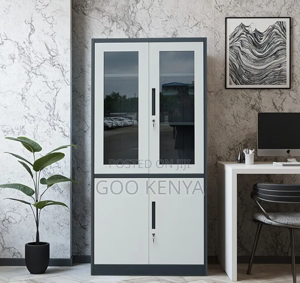 Office Cabinet; 4-Door Steel Office Storage Cabinet With Glass Doors