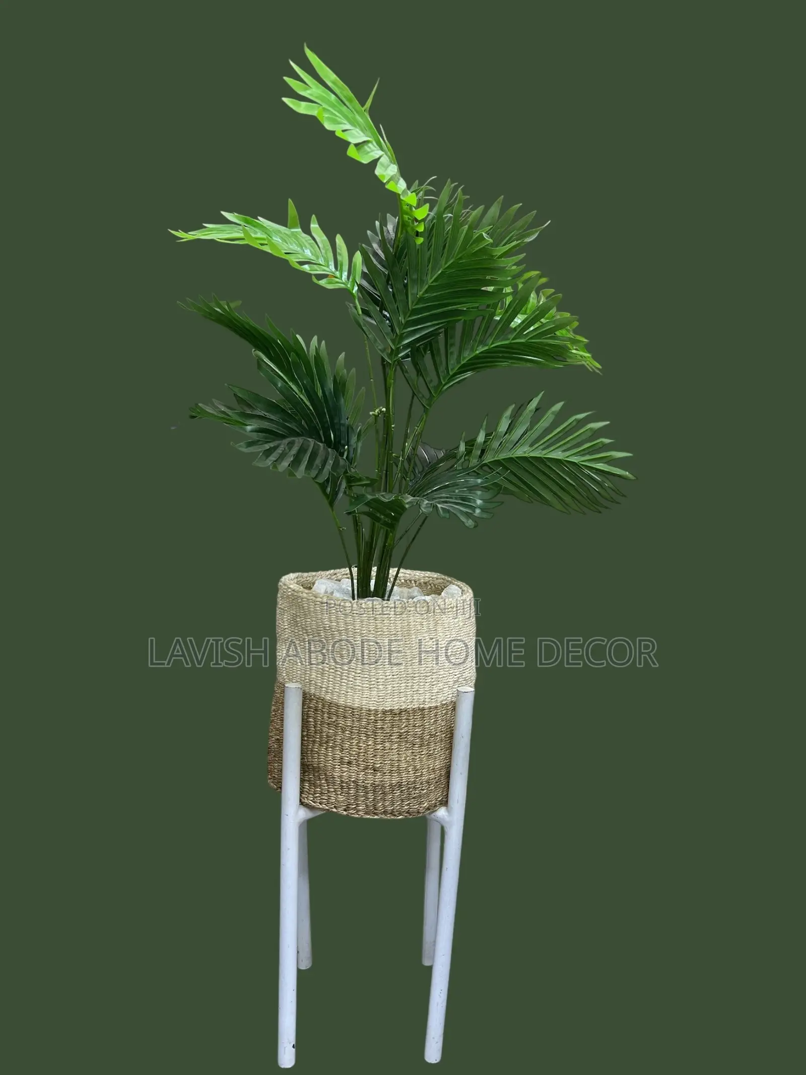 Brown Wooven African Basket With Artificial Fern Plant and White Stand