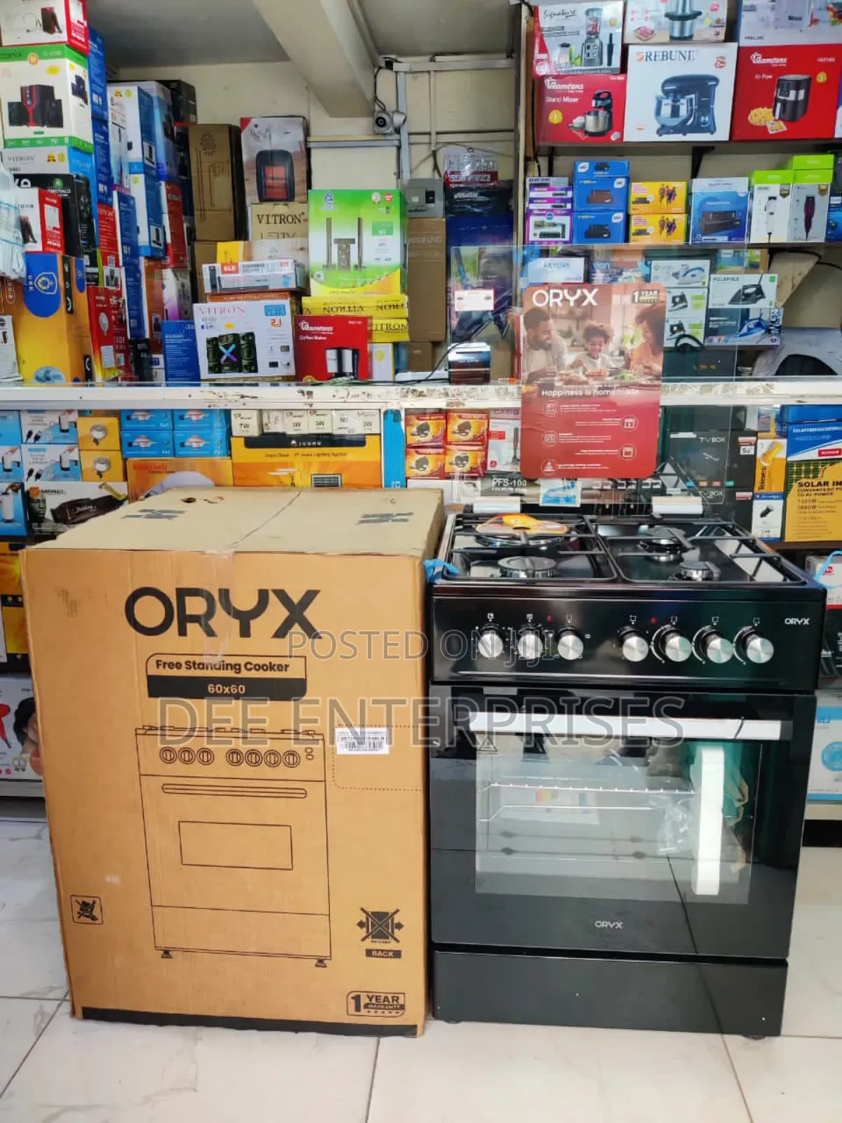 Oryx Standing Cooker,60cm X 60cm, 3 Gas Pool Jet Burners + 1 Plate,