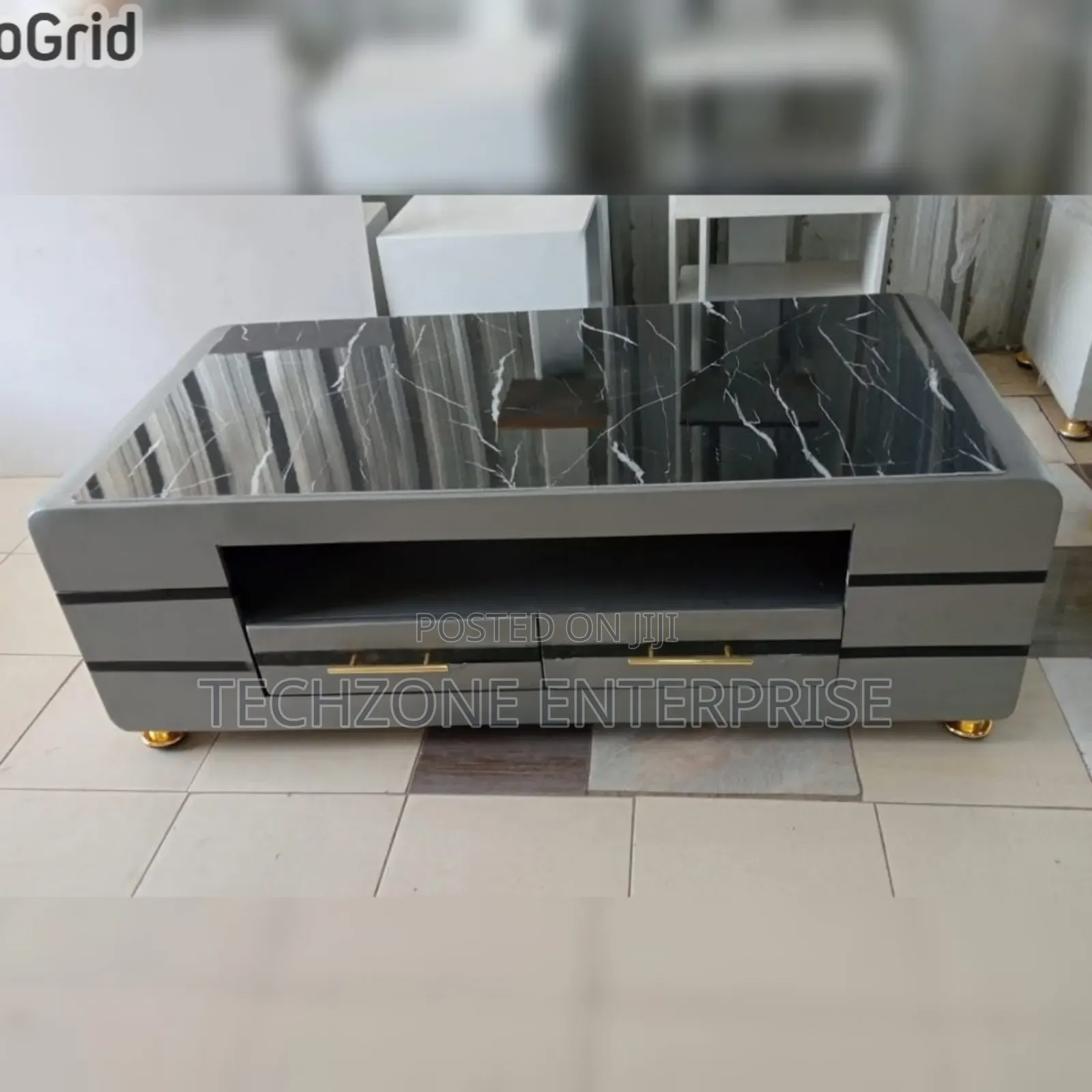 Stylish Quality Executive Black Gold Coffee Table With Marble Topping,