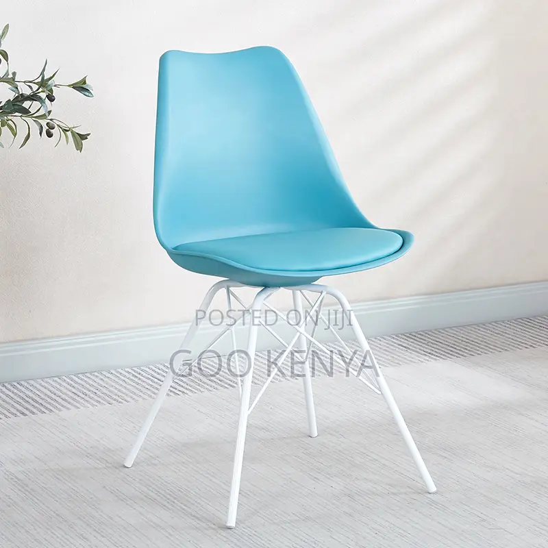 Dining Chair; Leather Padded Blue Plastic Chair With Wooden Legs