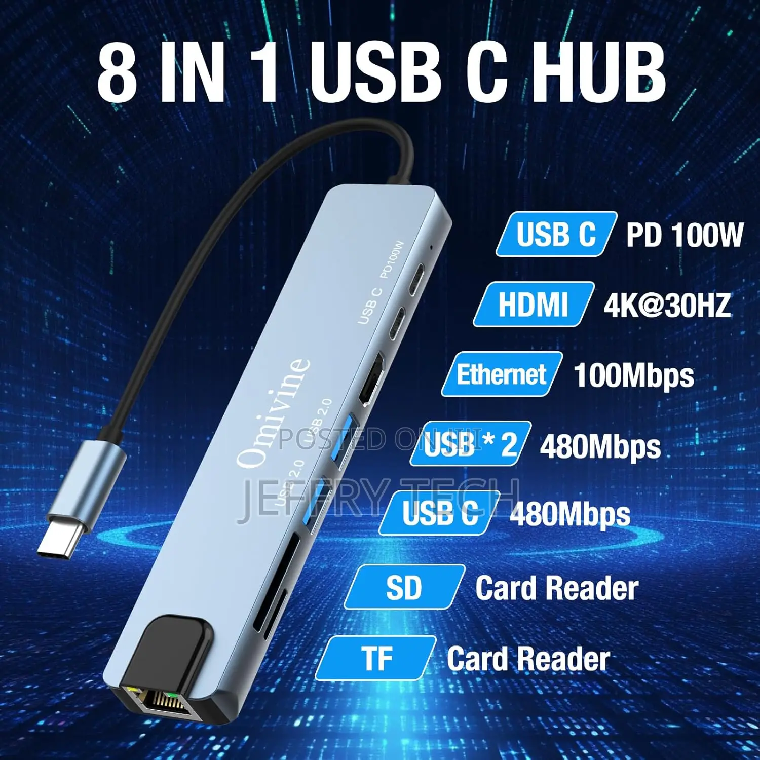 8-in-1 Usb C Hub, Type-C Multiport Adapter With Ethernet, 100w Pd, 