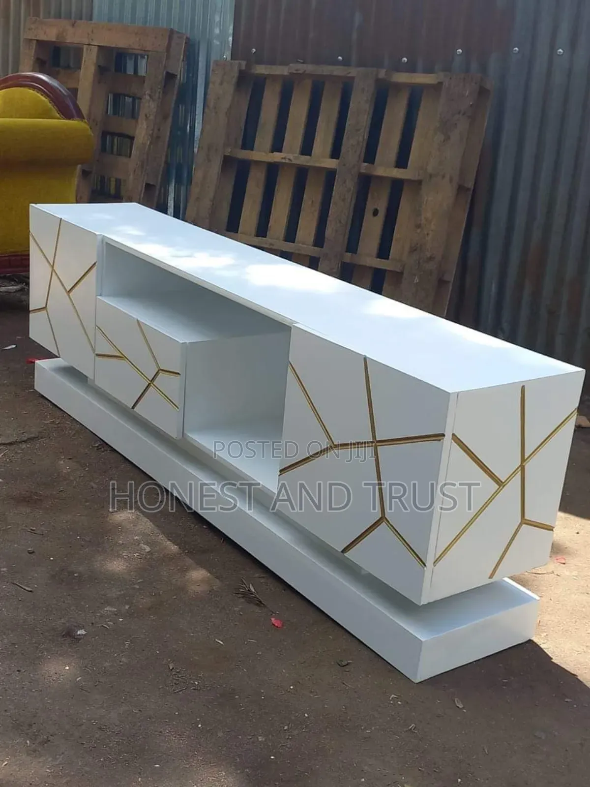 White and Gold Themed Tv Stand 5 1/2 Ft