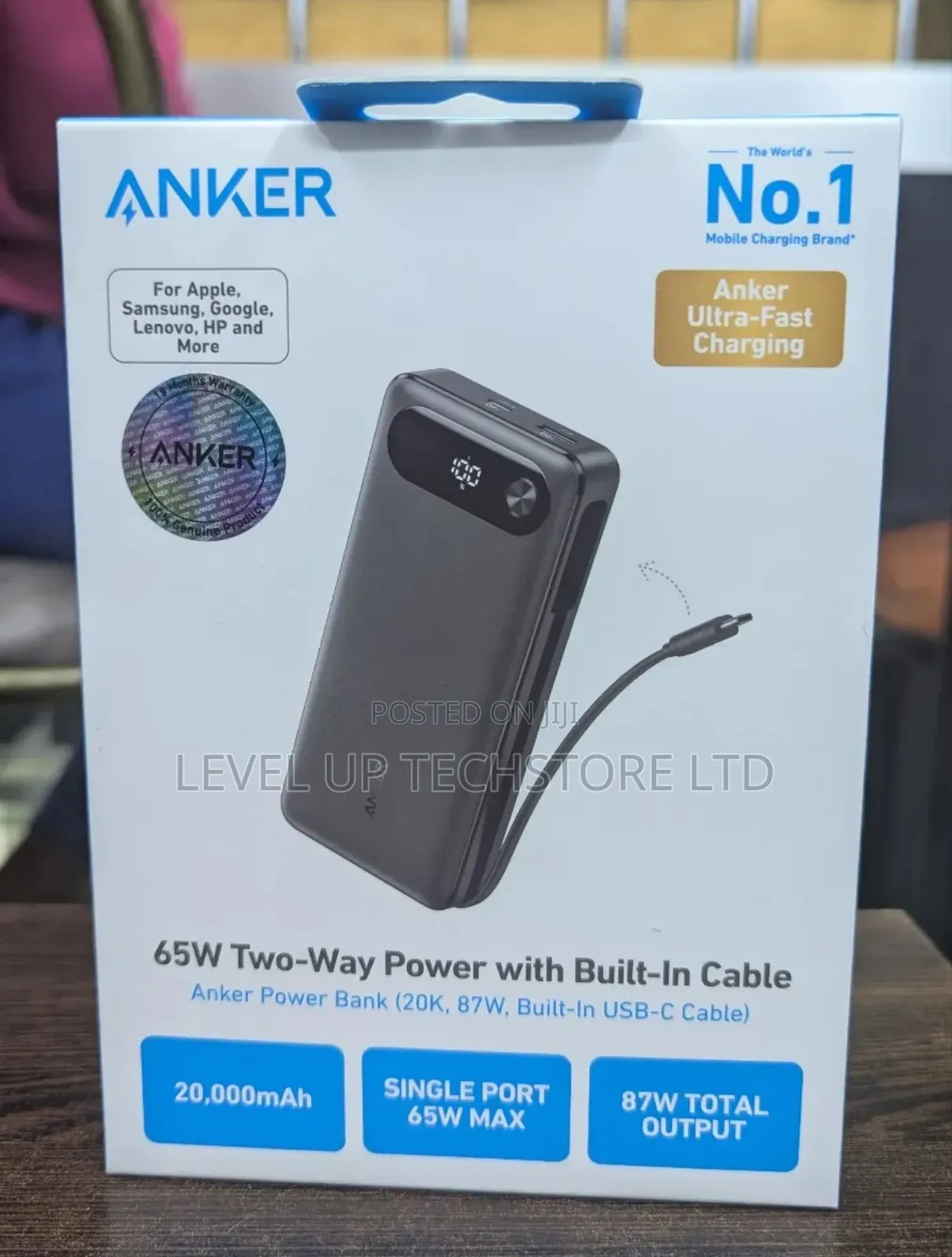 Anker 65w Two-Way Power (20,000mah, 87w, Built-in Cable) - Black