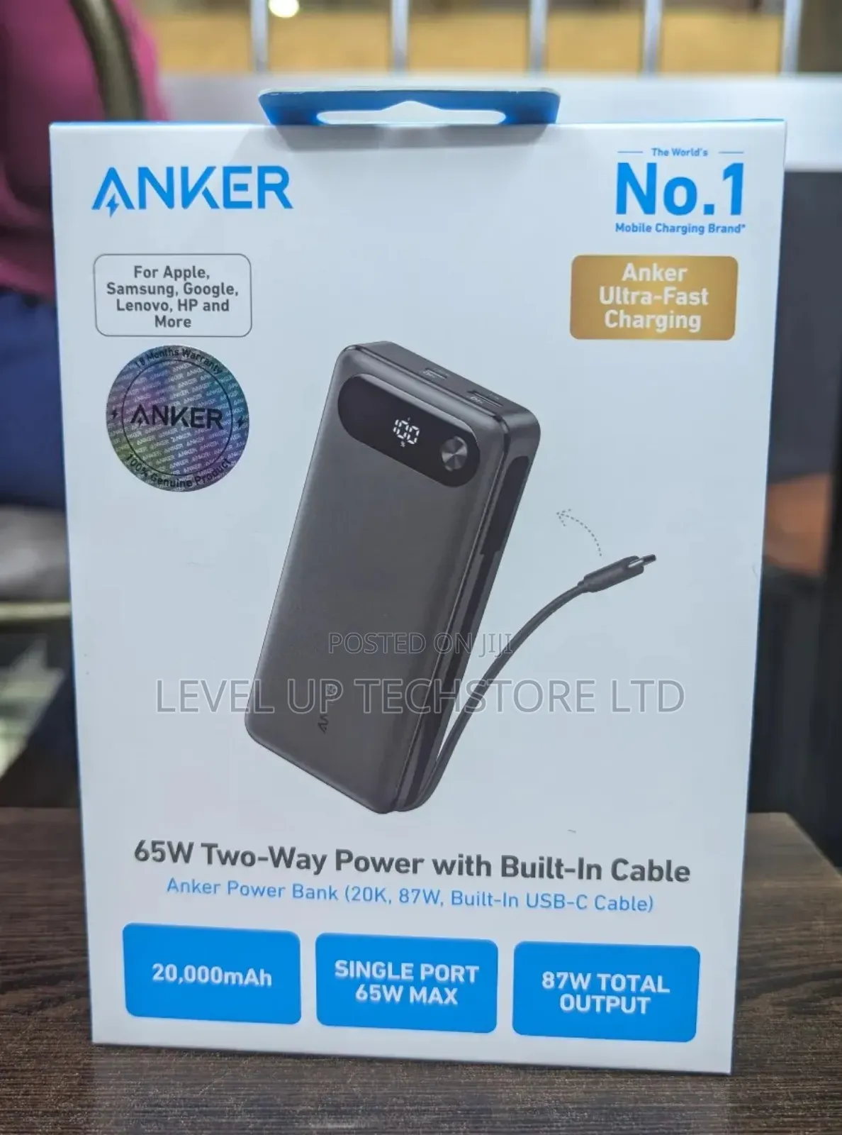 Anker 65w Two-Way Power (20,000mah, 87w, Built-in Cable) - Black