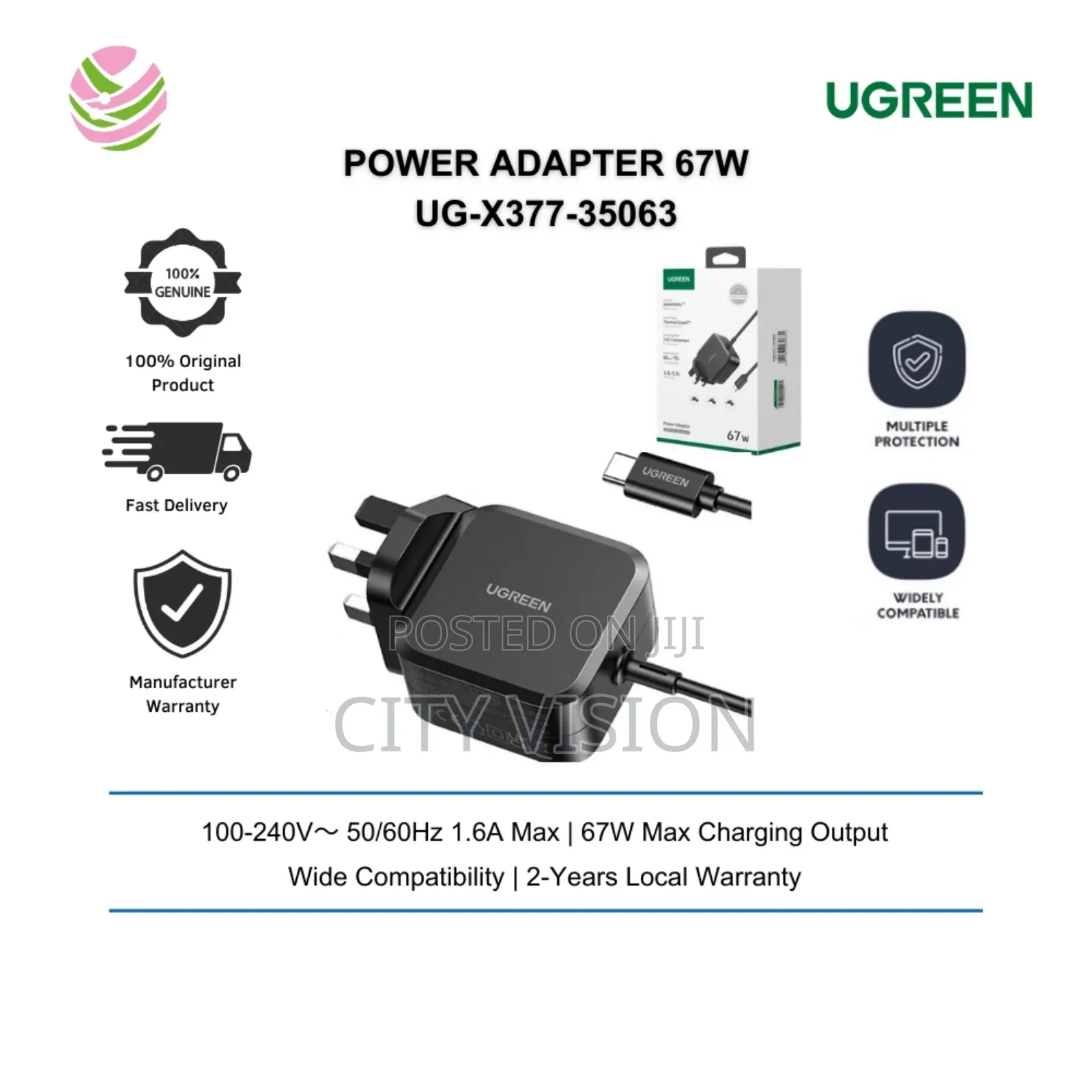 Ugreen Usb-C 67w Pd Gan Tech Power Adapter Uk+3dc Connectors