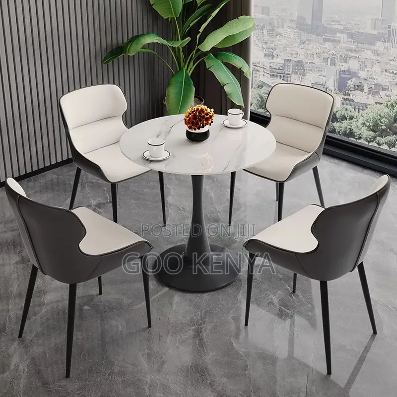 Dining Set; Round Marble White Table With 4 Chairs Dining Set