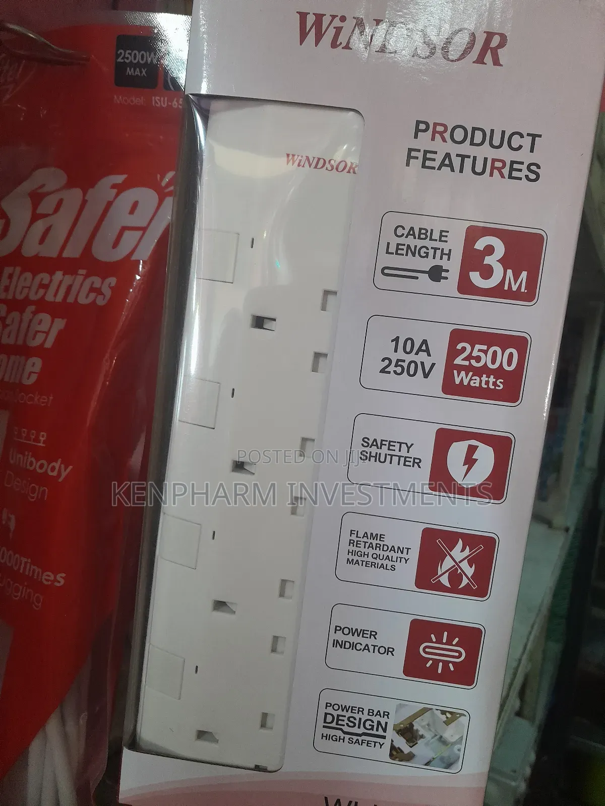 Power Extensions 4 Ways, Windsor Brand, With Safety Shutter