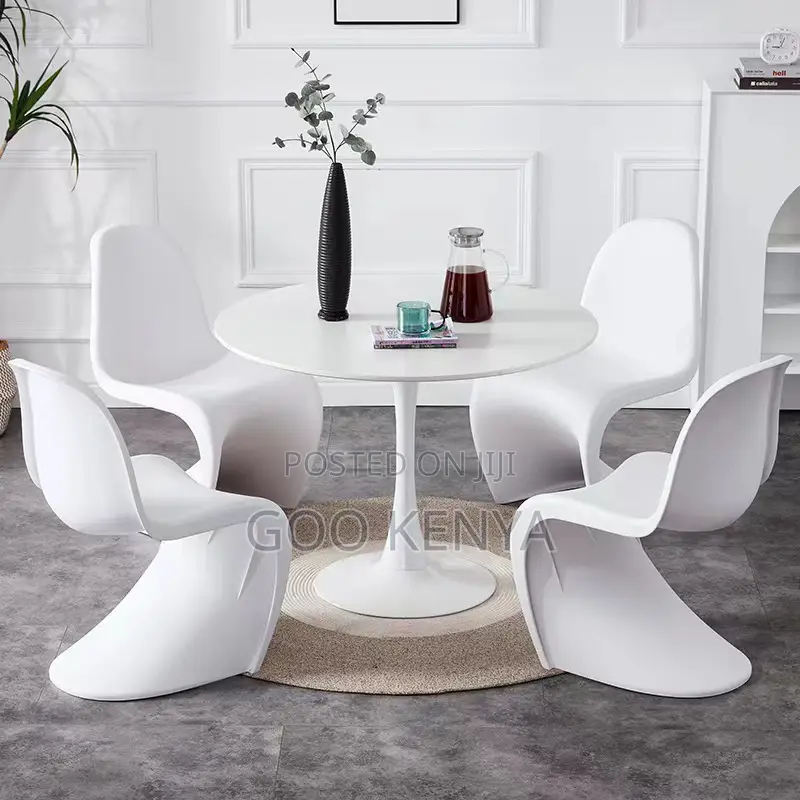 Home Dining Set; White Plastic 4-Seater With a Marble Round Table Set