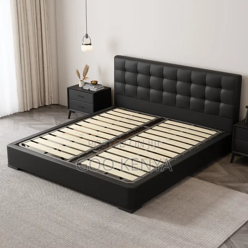 Home Bed; Black Wooden Bed With Leather-Coated Headboard