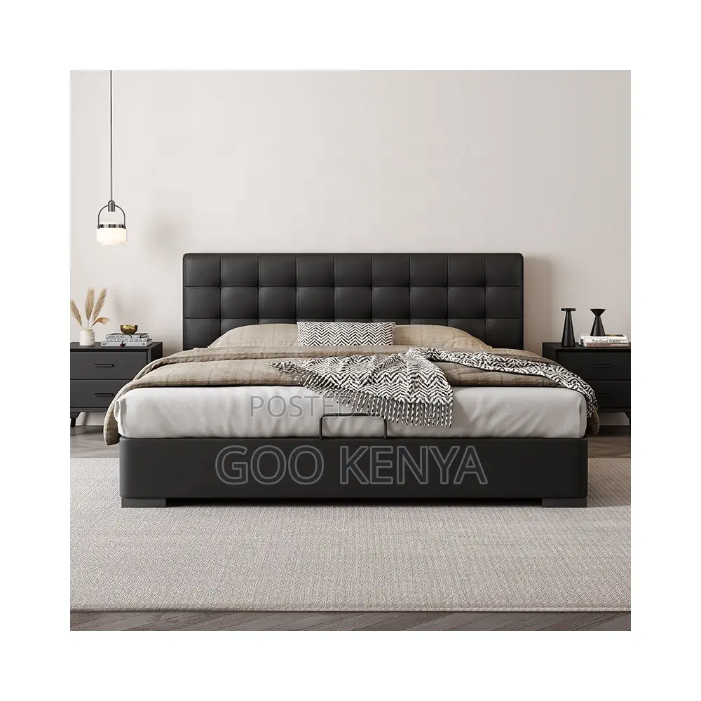 Home Bed; Black Wooden Bed With Leather-Coated Headboard