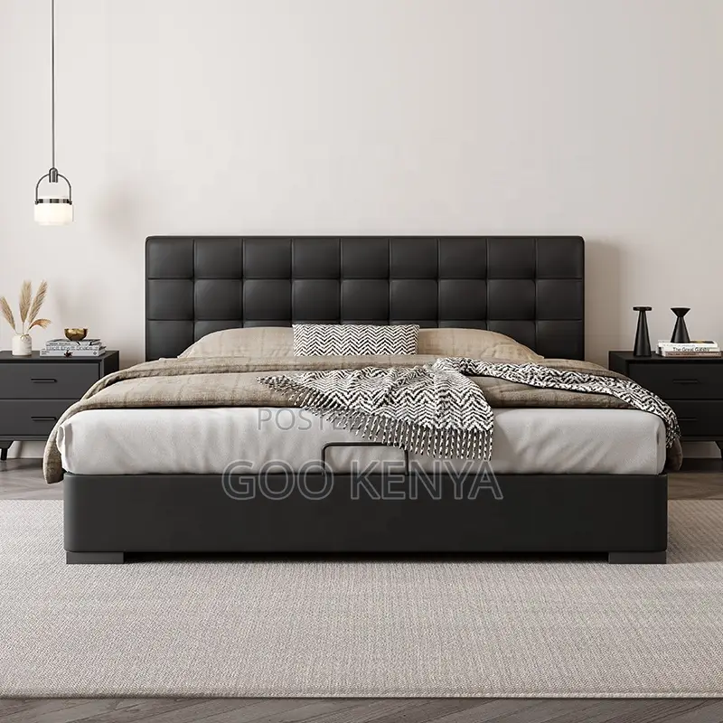 Home Bed; Black Wooden Bed With Leather-Coated Headboard