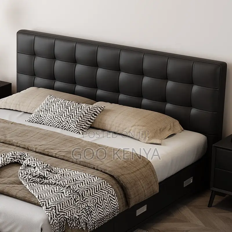 Home Bed; Black Wooden Bed With Leather-Coated Headboard